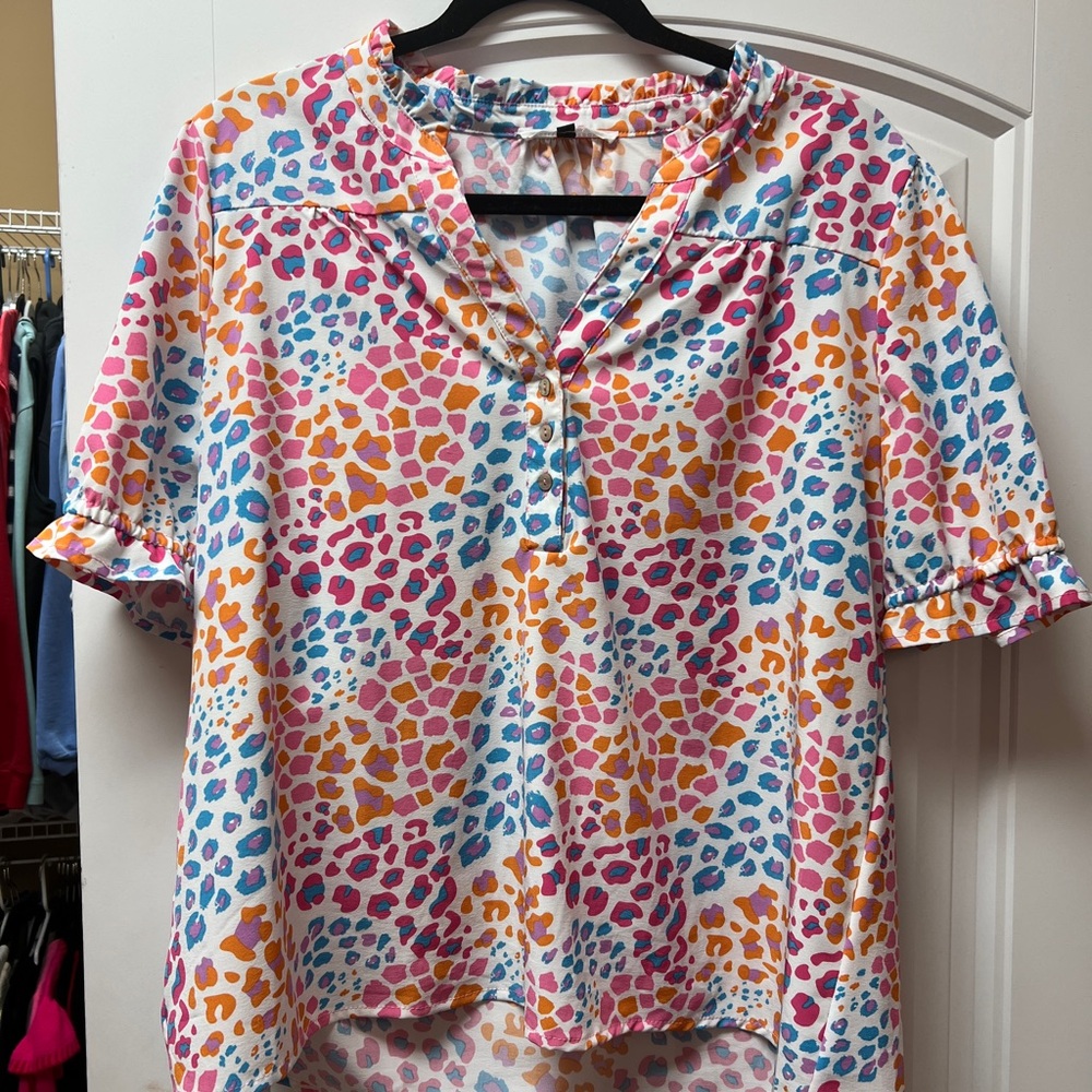 Pink and Blue Short Sleeve Boxy Blouse with Mandarin Collar